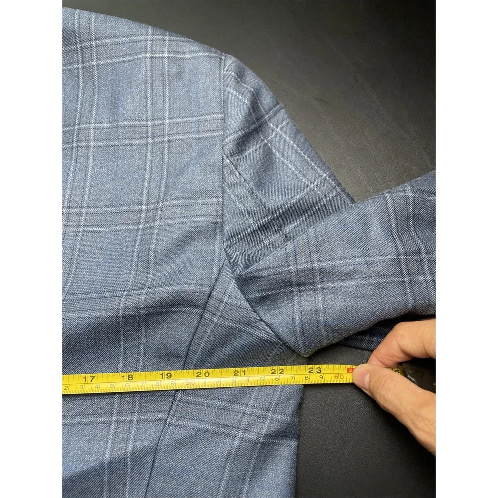 HART SCHAFFNER MARX 42R Wool Blue Gold Windowpane Blazer, Pocket sown shut